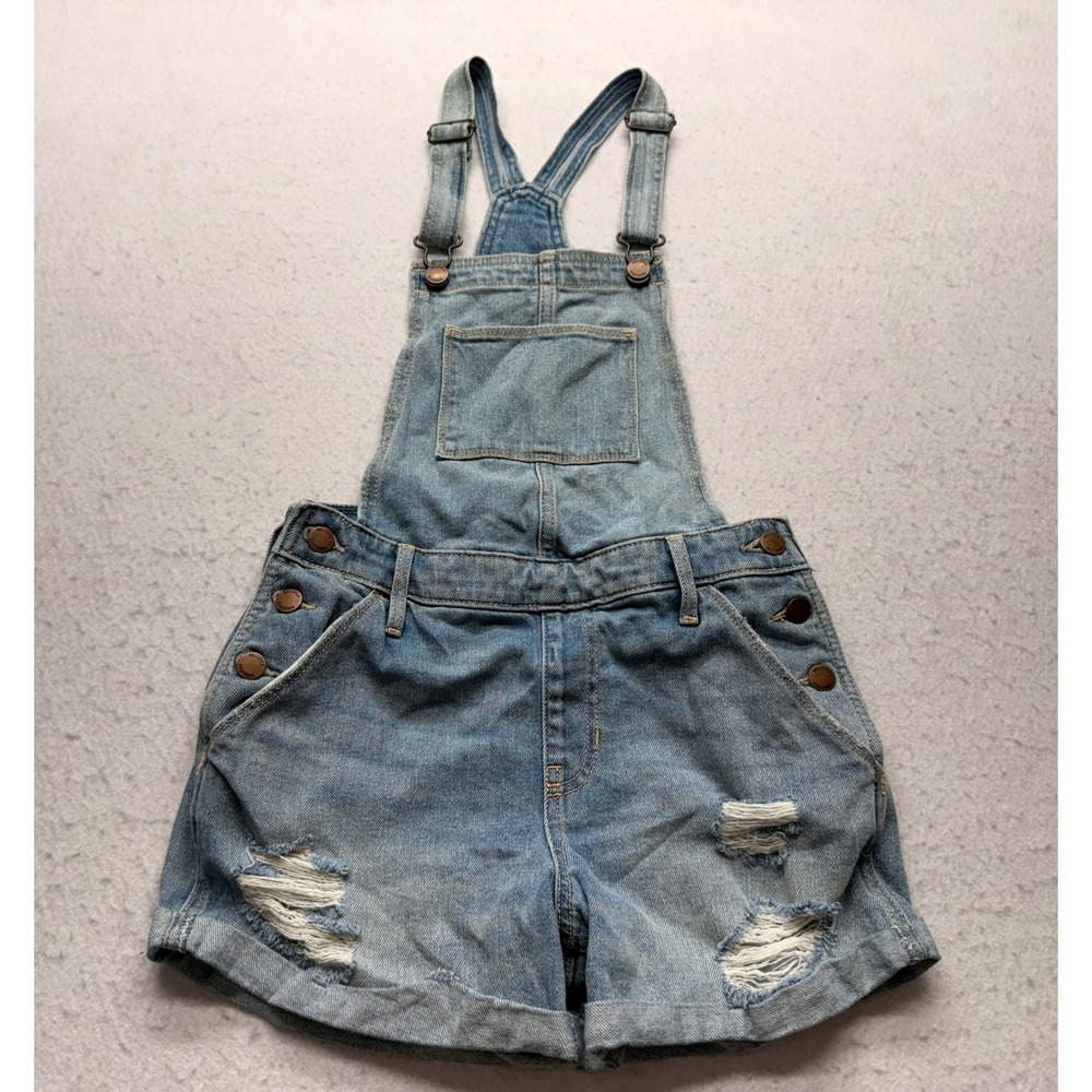 Hollister High Rise Mom Short Overalls XS Light Wash Distressed Denim Shortalls